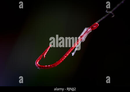 Red fish hook, fishing tackle. Going fishing Stock Photo