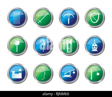 Medieval arms and objects icons over colored background - vector icon set Stock Vector