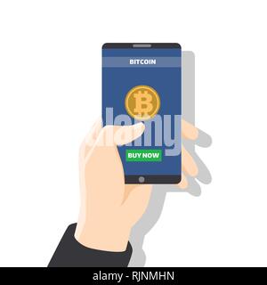 Hand holding smartphone with bitcoin icon on screen with golden coin, wallet, button pay. Pay per click by virtual currency, for business, web banners Stock Vector