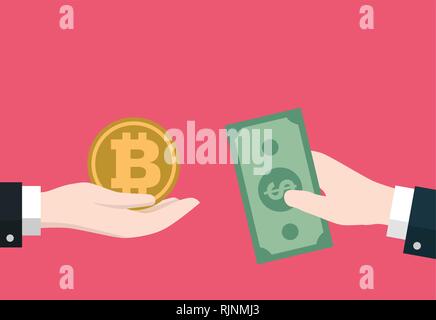 Businessman hand hold Bitcoin and dollar Icon for exchang, for business, web banners, sites design, Online bitcoin payment concept. Vector Illustratio Stock Vector