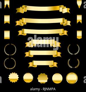 Set of golden ribbons and labels. Heraldic banners vector illustration. Stock Vector
