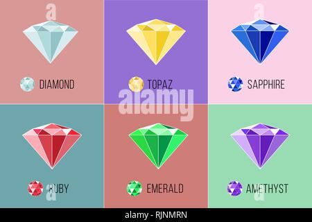 Jewel flat icon set with top view. Gem stock vector illustration Stock Vector