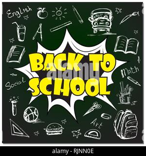 Comic pop art text - back to school background with school objects and icons,cartoon vector illustration Stock Vector