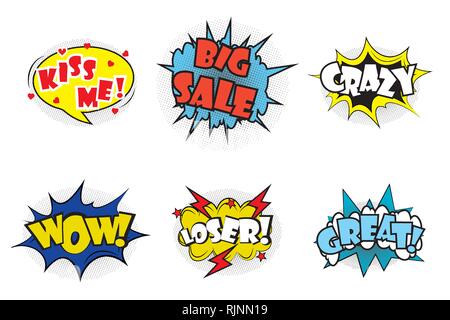 Comic pop art speech bubbles and splashes set with different emotions and text Wow,Big Sale, Kiss me, Great,Crazy, Loser. Vector bright dynamic cartoo Stock Vector