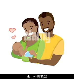 A happy african american married couple with a newborn baby,  Stock Vector