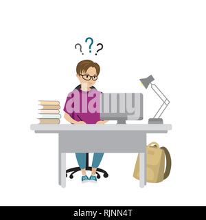 teenager working or studying with a laptop Stock Vector