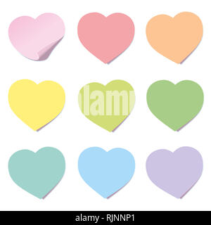 some heart-shaped sticky notes of different colors with a blank