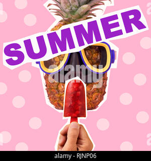 the text summer, as a magazine cutout, a pineapple with a diving mask, and a hand holding an ice pop, on a pink background patterned with pink dots, a Stock Photo