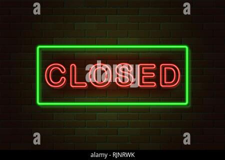 glowing neon signboard closed vector illustration on brick wall background Stock Vector