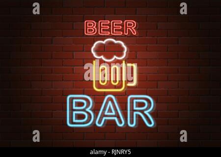 glowing neon signboard beer bar vector illustration on brick wall background Stock Vector