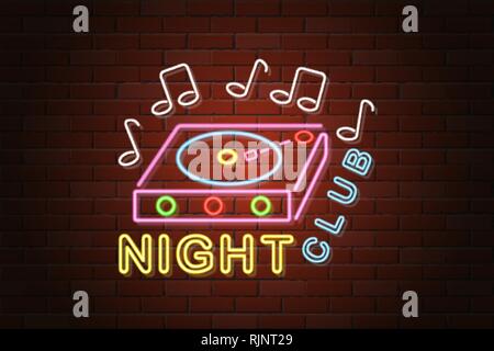 glowing neon signboard nightclub vector illustration on brick wall background Stock Vector