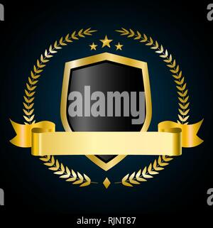 Golden shield with laurel wreath and golden ribbon. Vector illustration. Stock Vector