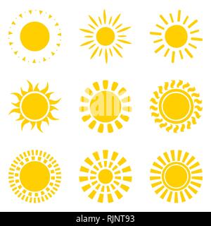 Set of yellow sun icon symbols isolated on white Stock Vector