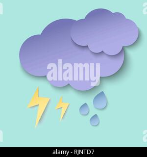 Dark paper cut clouds, lightning and rain drops. 3d paper art style. Weather illustration Stock Vector