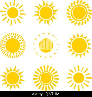 Set of yellow sun icon symbols isolated on white Stock Vector