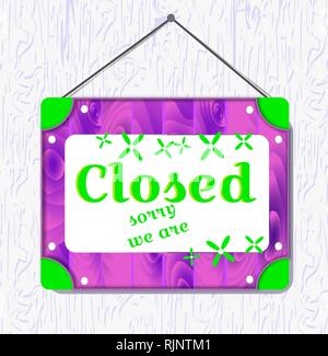 Violet wood and green flower hanging sign with text Closed . White border box. vector illustration Stock Vector