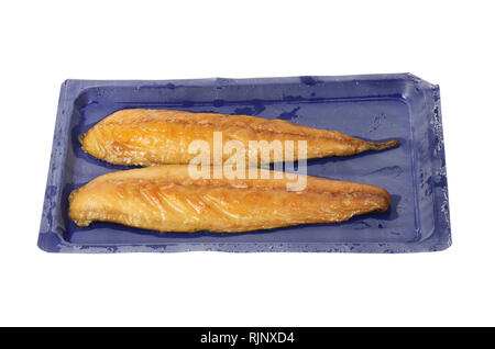 Smoked mackerel fillets in a plastic carton isolated against white Stock Photo