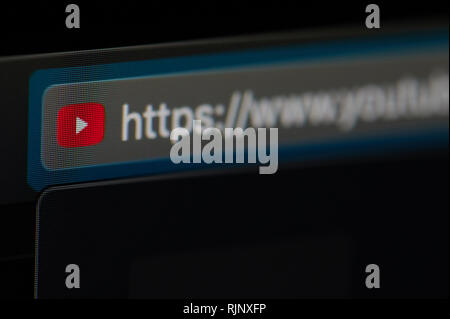 New york, USA - february 6, 2019: Youtube icon on official web page on device screen pixelated close up view Stock Photo