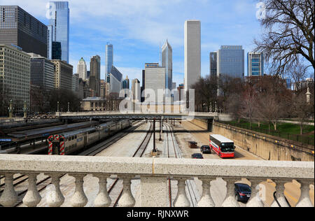 Rail yard in Grant Park looking north with Chicago skyline in the ...
