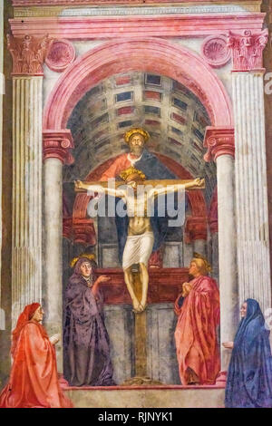 Masaccio Fresco Trinity Christ Santa Maria Novella Church Florence Italy. Created 1427 pioneering perspective in painting Stock Photo