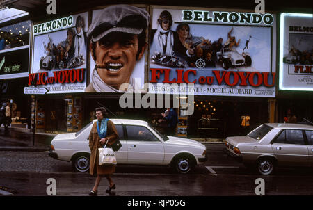 Jean Paul Belmondo image on movie marquee in Paris, France circa 1970s Stock Photo