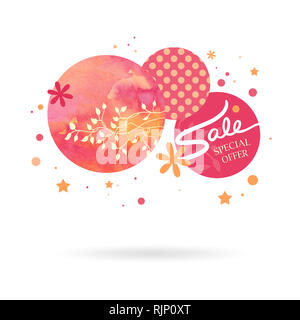 Abstract modern graphic design elements. Circle and star shapes with polka dot spots and watercolor painted background texture are layered in a pink a Stock Photo