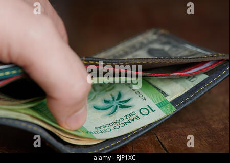 10 cordobas bill in wallet close up view Stock Photo