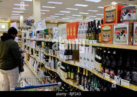 Japanese liquors and sakes for sale in Mitsuwa Marketplace, a Japanese grocery store and food court in Fort Lee. New Jersey. USA Stock Photo