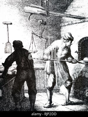An etching depicting a baker's shop. Dated 19th century Stock Photo