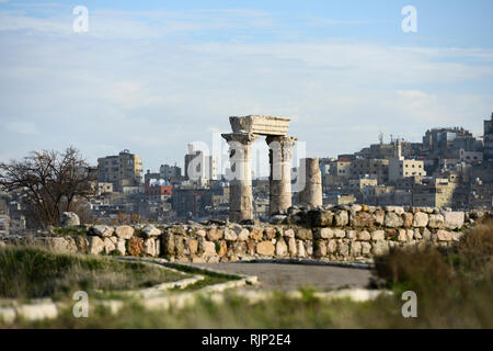 Amazing view of some magnificent columns in the Amman Citadel, Jordan. The Amman Citadel is a historical site at the center of downtown Amman, Jordan. Stock Photo