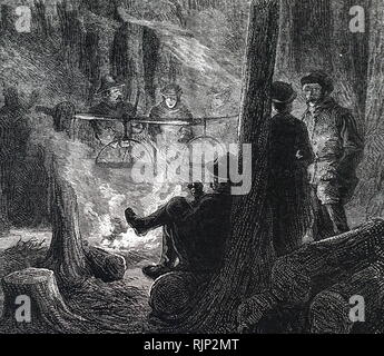 An engraving depicting the boiling of maple sap to make sugar, Ontario, Canada. Dated 19th century Stock Photo