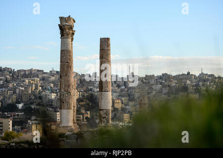 Amazing view of some magnificent columns in the Amman Citadel, Jordan. The Amman Citadel is a historical site at the center of downtown Amman, Jordan. Stock Photo