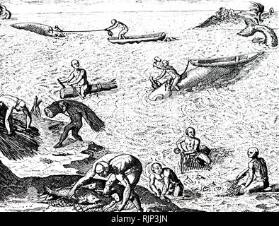 A facsimile depicting Caribbean Indians whaling. Dated 17th century Stock Photo