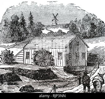 An engraving depicting a rural undershot water-powered flour mill. Dated 19th century Stock Photo