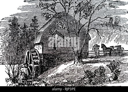 An engraving depicting a rural water-powered flour mill. Dated 19th century Stock Photo