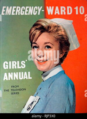 Scene showing a nurse on a 'Girl's Annual' based on 'Emergency – Ward 10' a British medical soap opera series shown on ITV between 1957 and 1967. The National Health Service (NHS) is the public health service in the United Kingdom. Stock Photo