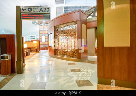 DUBAI, UAE - CIRCA APRIL, 2016: interior of Emirates business class lounge. Emirates is the largest airline in the Middle East. It is an airline based Stock Photo