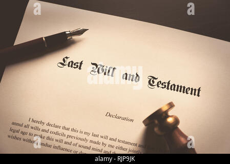 Last Will and Testament concept. Fountain pen, seal on desk Stock Photo