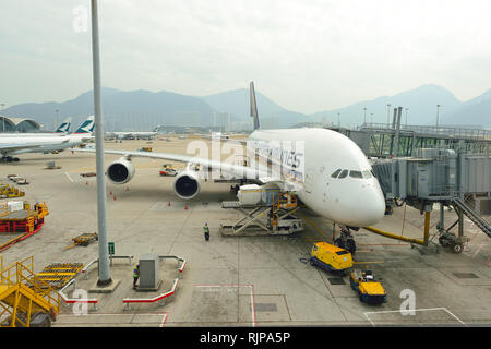 HONG KONG - NOVEMBER 03, 2015: The Airbus A380 of Singapore Airlines. Singapore Airlines Limited is the flag carrier of Singapore with its hub at Chan Stock Photo