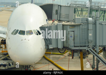 HONG KONG - NOVEMBER 03, 2015: The Airbus A380 of Singapore Airlines. Singapore Airlines Limited is the flag carrier of Singapore with its hub at Chan Stock Photo