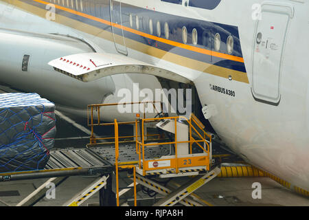 HONG KONG - NOVEMBER 03, 2015: The Airbus A380 of Singapore Airlines. Singapore Airlines Limited is the flag carrier of Singapore with its hub at Chan Stock Photo