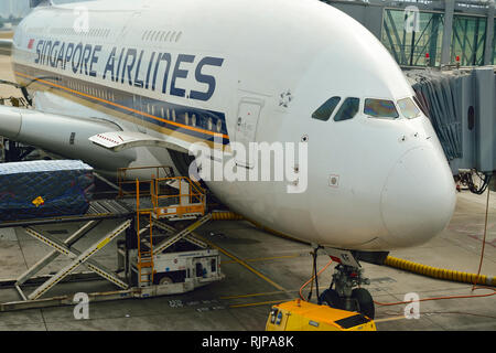 HONG KONG - NOVEMBER 03, 2015: The Airbus A380 of Singapore Airlines. Singapore Airlines Limited is the flag carrier of Singapore with its hub at Chan Stock Photo