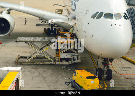 HONG KONG - NOVEMBER 03, 2015: The Airbus A380 of Singapore Airlines. Singapore Airlines Limited is the flag carrier of Singapore with its hub at Chan Stock Photo