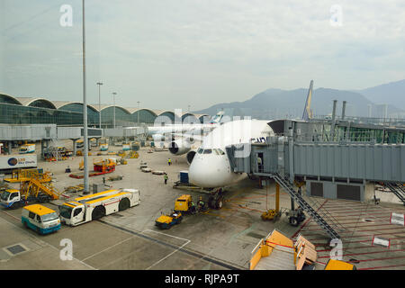 HONG KONG - NOVEMBER 03, 2015: The Airbus A380 of Singapore Airlines. Singapore Airlines Limited is the flag carrier of Singapore with its hub at Chan Stock Photo