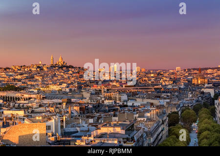 The Sacre-Cœur and Montmartre at sunset from the rooftop of the Arc de Triomphe ,Paris ,France Stock Photo