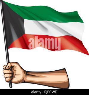 Kuwait flag and hand on white background. Vector illustration Stock Vector