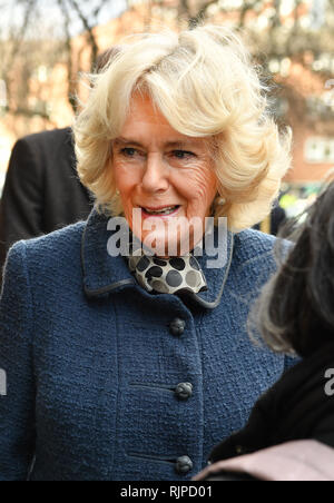 The Duchess of Cornwall meets the people who grow garden produce during a visit to the Lambeth GP Food Co-op Garden at Swann Mews, in Stockwell, London. Stock Photo