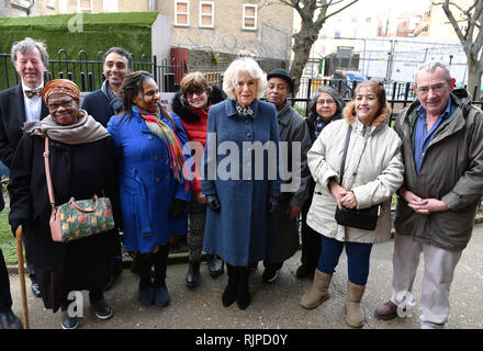 The Duchess of Cornwall meets the people who grow garden produce during a visit to the Lambeth GP Food Co-op Garden at Swann Mews, in Stockwell, London. Stock Photo