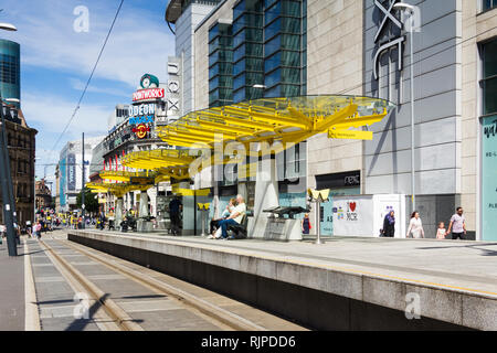 Exchange Square Manchester Metrolink station on Corporation Street in in Manchester city centre. Stock Photo