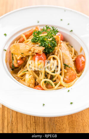 Prawn Pasta with Lobster bisque sauce Stock Photo